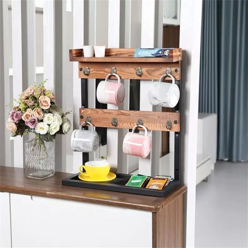 Countertop Coffee Mug Holder Rack Storage Shelf 2 Tier Wall Mount Coffee Cup Holder Stand with 8 Hooks