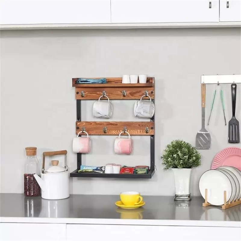 Countertop Coffee Mug Holder Rack Storage Shelf 2 Tier Wall Mount Coffee Cup Holder Stand with 8 Hooks