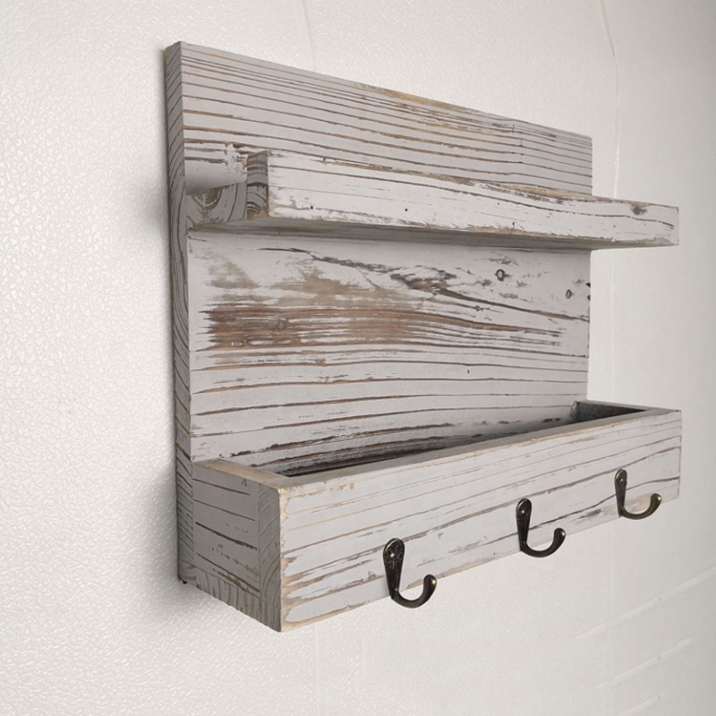 Home Decor Entryway Wall Mounted Mail Holder Organizer Rustic Wooden Floating  Shelf Storage Organizer  with  4 hook