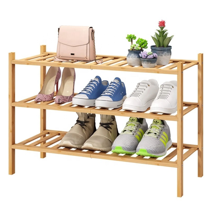 3-Tier Free Standing Shoe Racks, Stackable  Functional  Sturdy Bamboo Shoe Rack for Entryway Hallway Closet