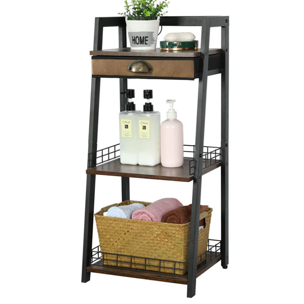 3-Tier Bathroom Ladder Shelf  Bathroom Floor Storage Shelf with Drawer Freestanding Tower Shelf Open Shelving Unit for  balcony