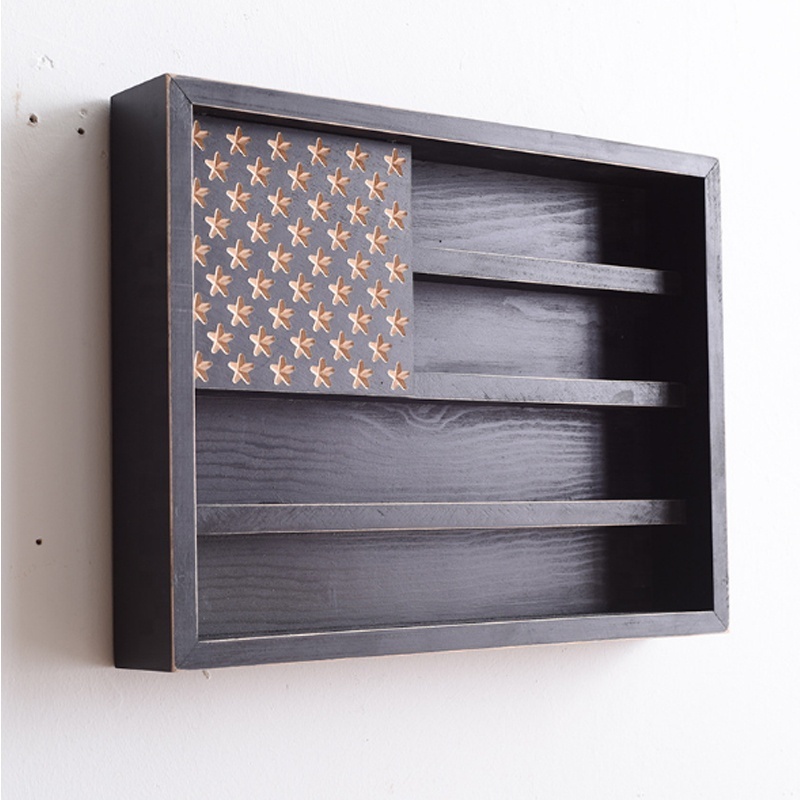 Vintage American Flag Solid Wood Wall Mounted Challenge Coin Display Holder Rack