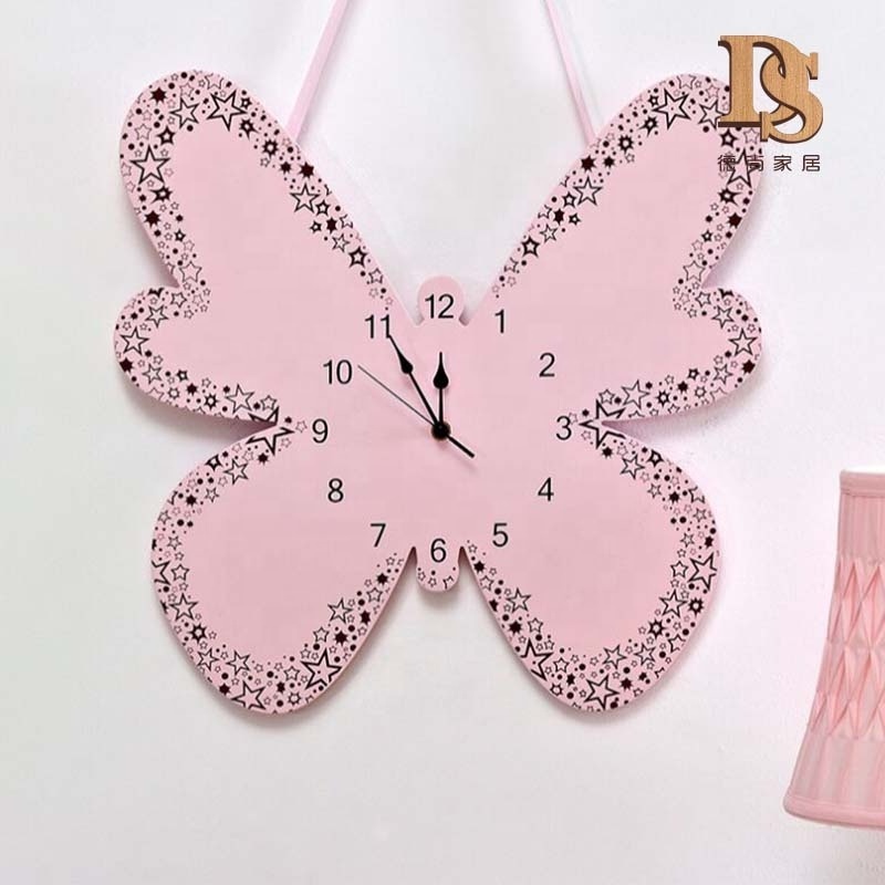 Princess Girl Bedroom Wall Hanging Decoration 3D Silence Butterfly Shape Wooden Clock