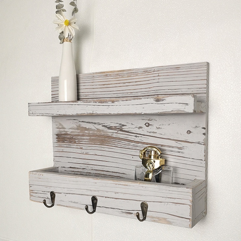 Home Decor Entryway Wall Mounted Mail Holder Organizer Rustic Wooden Floating  Shelf Storage Organizer  with  4 hook