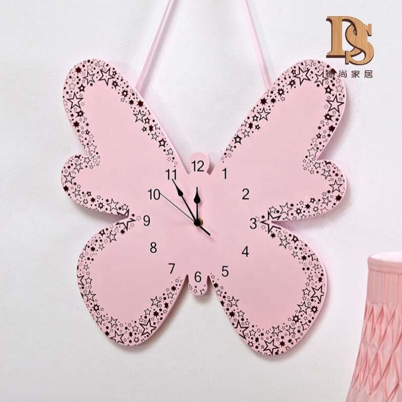 Princess Girl Bedroom Wall Hanging Decoration 3D Silence Butterfly Shape Wooden Clock