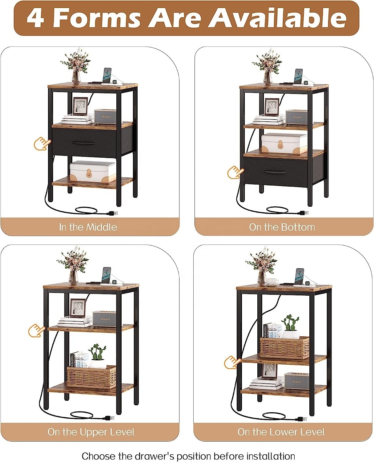 Nightstand with Charging Station, Bed Side Table with Adjustable Fabric Drawer Night Stand for Bedroom 3-Tier Storage End Table,