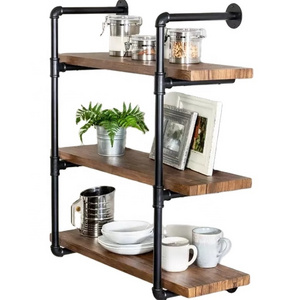 Industrial Wall Mounted Pipe Shelving,Rustic Metal Floating Shelves,Steampunk Real Wood Bookcases (4-Tier with 3 Boards,48in)