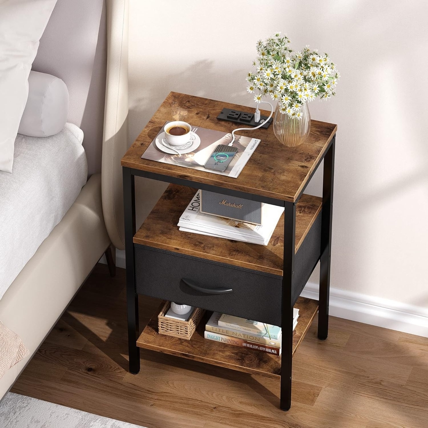 Nightstand with Charging Station, Bed Side Table with Adjustable Fabric Drawer Night Stand for Bedroom 3-Tier Storage End Table,