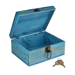 Blue Wooden Keepsake Box, Home Decorative Wooden Box Vintage Handmade Wood Craft Box with Lock and Key for Jewelry Gift Storage