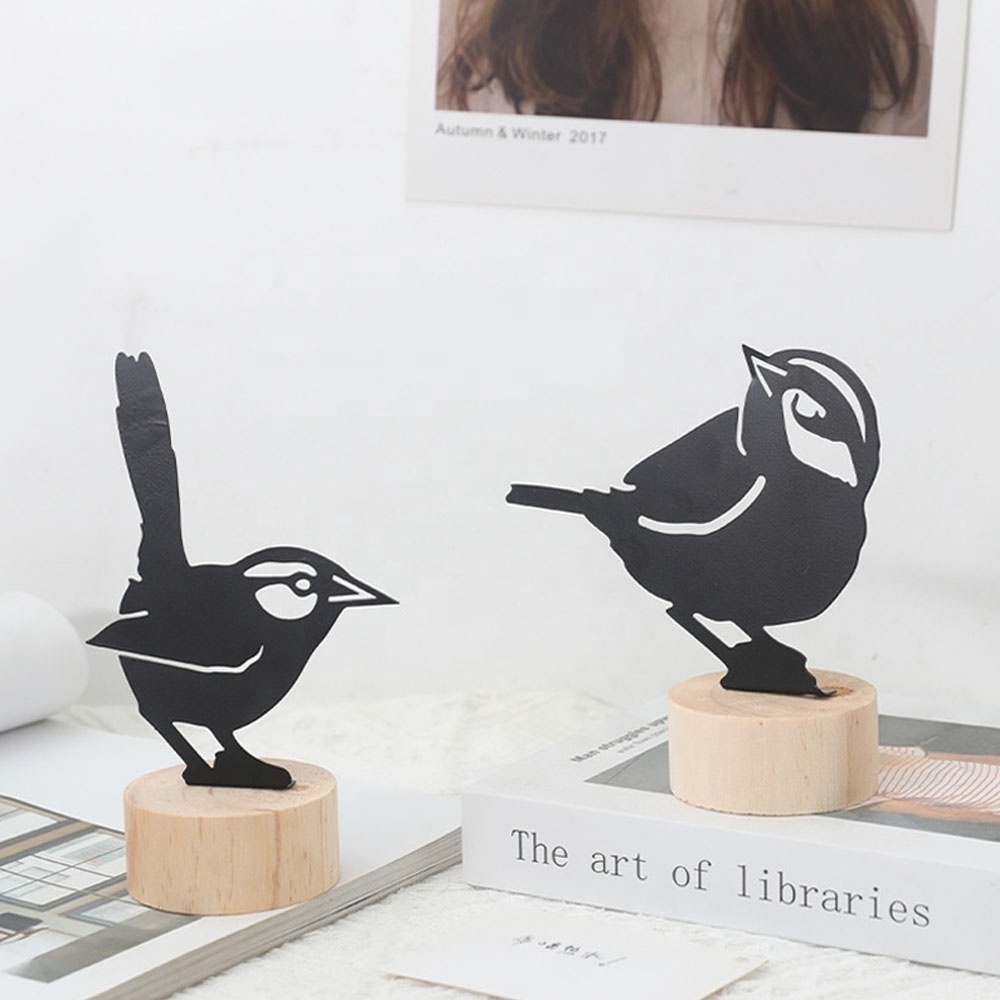 Bird note holder creative hollow small black metal bird with wooden base for message paper decoration table office desk decor