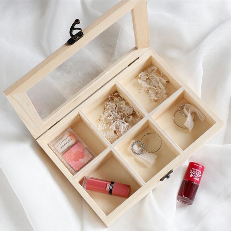 Unfinished 6 Compartments wooden  display Box Transparent Wooden Lipstick Box