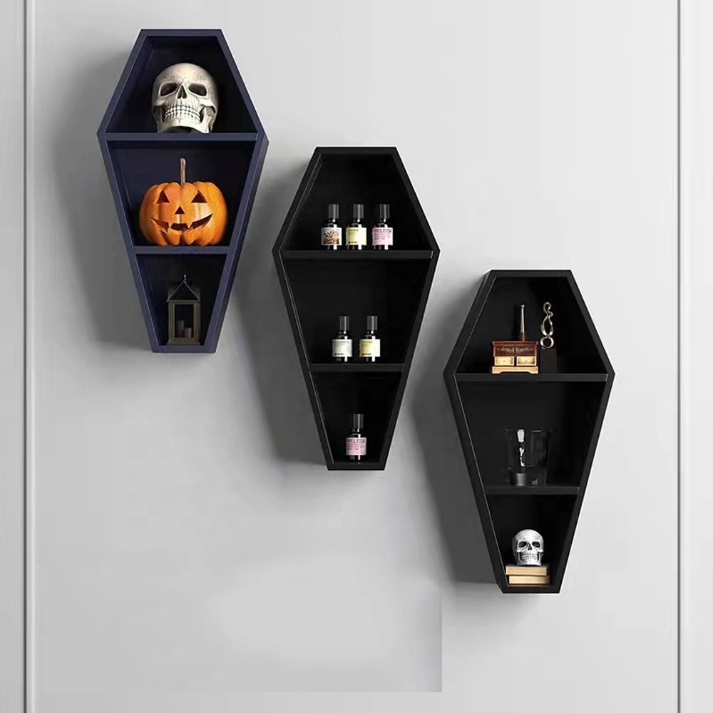 Hot Sale Wall Decor Coffin Shelf Hanging Black Halloween Decoration Floating Wooden Wall Shelf Design Home Gothic Decor