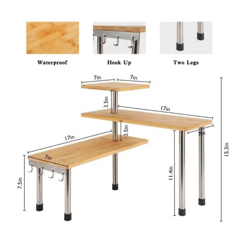 Bamboo Countertop Organizer Bookshelf Display Shelves Space Saving 3 Tier Corner Shelf Rack