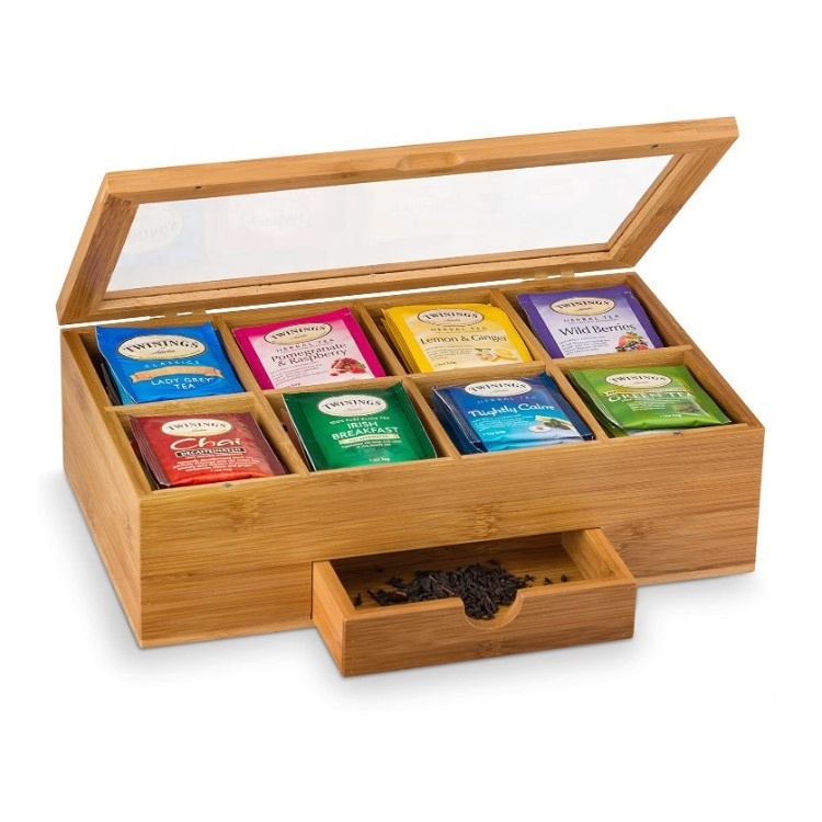 Wooden Tea Bag Display Organizer Counter top Wooden Compartments Wooden Tea Bag Box with  Drawer