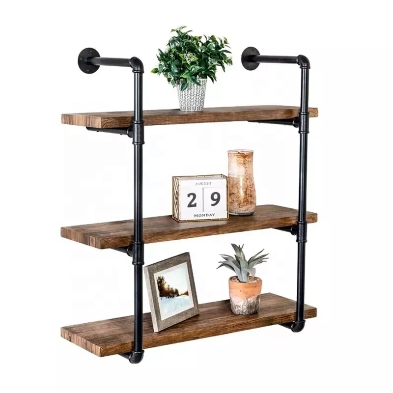 Industrial Wall Mounted Pipe Shelving,Rustic Metal Floating Shelves,Steampunk Real Wood Bookcases (4-Tier with 3 Boards,48in)