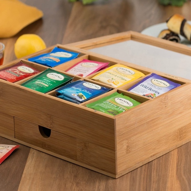 Wooden Tea Bag Display Organizer Counter top Wooden Compartments Wooden Tea Bag Box with  Drawer