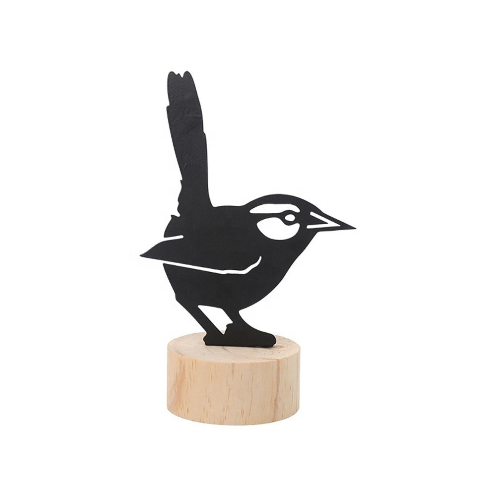 Bird note holder creative hollow small black metal bird with wooden base for message paper decoration table office desk decor