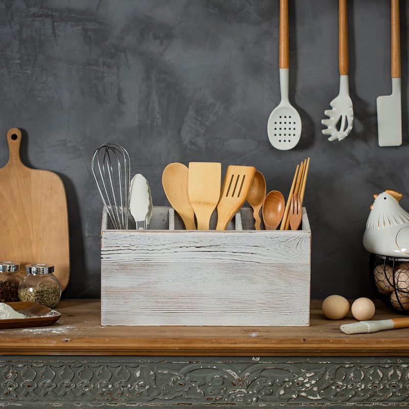 Kitchen Utensil Holder with 3 Compartments Wooden Cooking Utensils Organizer  Washed White Cutlery Holder Rustic Utensil Caddy