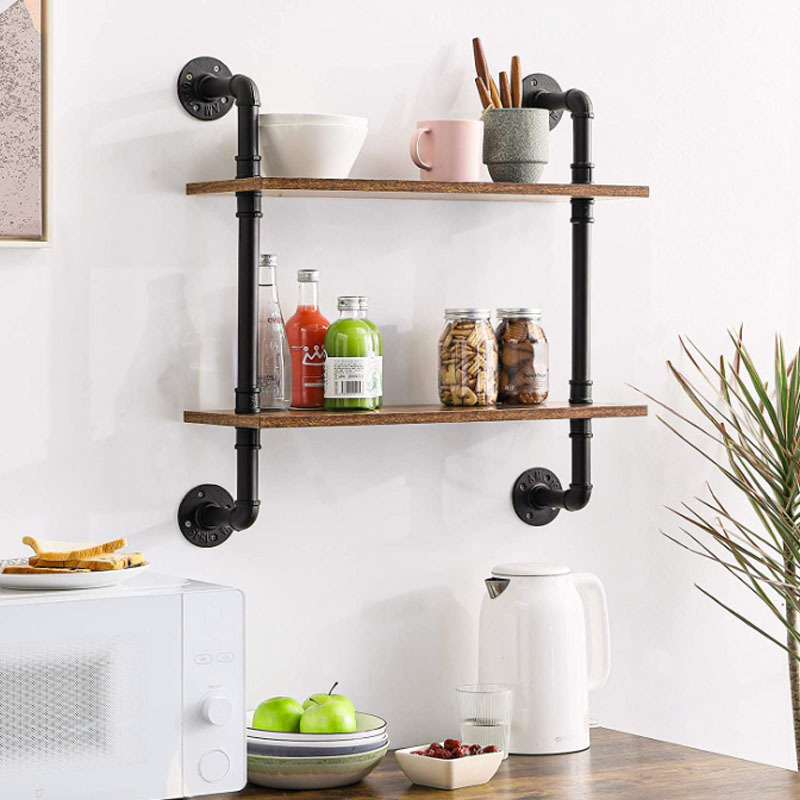 Industrial Pipe Floating Shelf 2 Tier Wall Mounting  Bookshelf Iron Storage Wall  Shelves For Bathroom Kitchen Bedroom