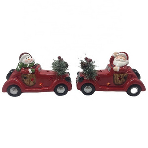 Factory handpainted ceramic Dolomite christmas decor santa snowman driving car for tabletop decor