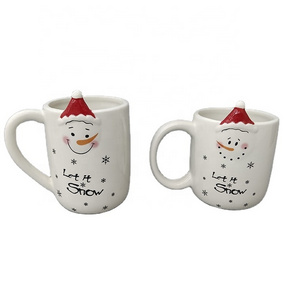 Exquisite custom logo embossed surface snowman white cheap bulk ceramic christmas mugs for gift