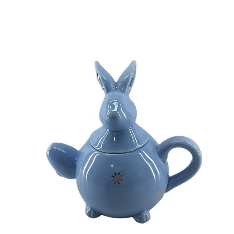 Cute rabbit shape blue tea pot hand paint animal shape dolomite ceramic bunny teapot customized