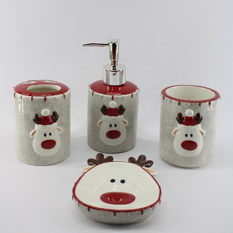 Wholesale 4 piece christmas reindeer gift kids ceramic dolomite bathroom set bottle lotion soap dispenser set