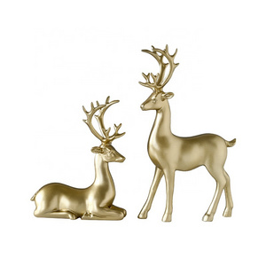 Poyresin Christmas Sitting Standing Gold Lucky Couple Deer Home Decoration Polyresin Reindeer Statue