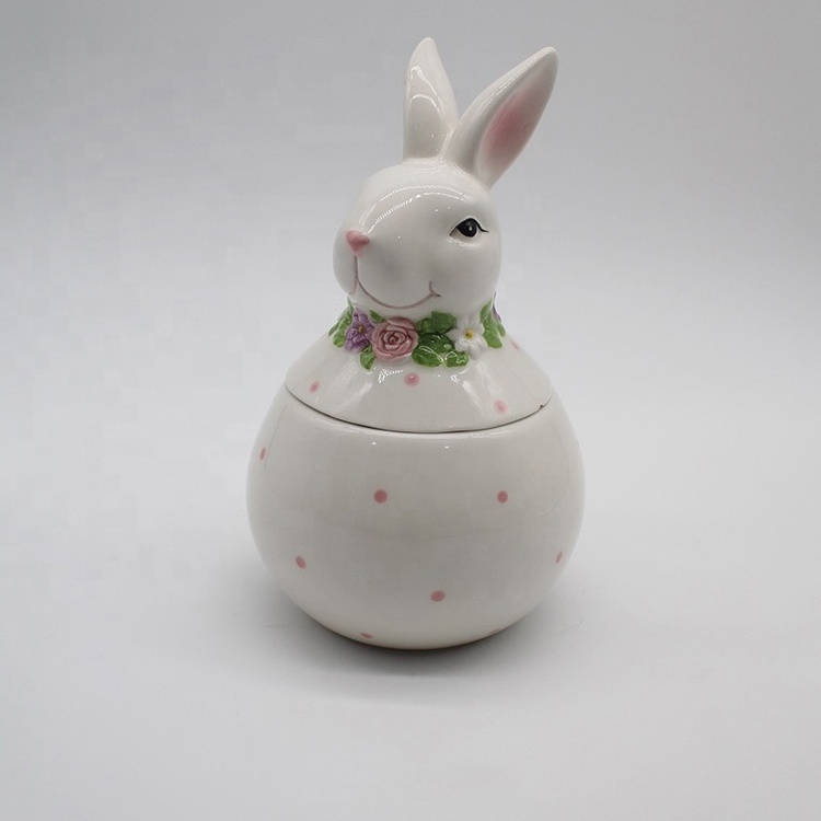 Ceramic Rabbit Canister Bunny Shape For Easter Animal Storage Jar Hand Painting Easter Rabbit Cookie Jar