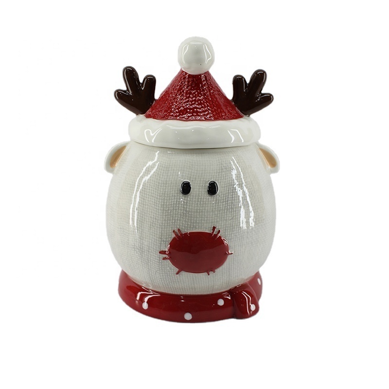 Christmas Custom Logo Ceramic Food Container Storage Customized Candy Cookie Jar with Reindeer Shaped