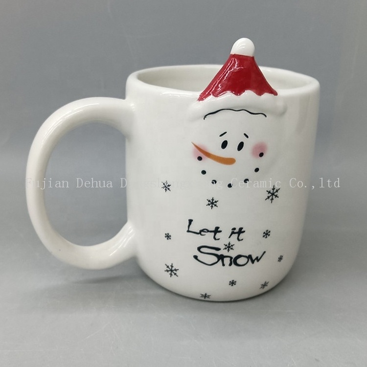 Exquisite custom logo embossed surface snowman white cheap bulk ceramic christmas mugs for gift