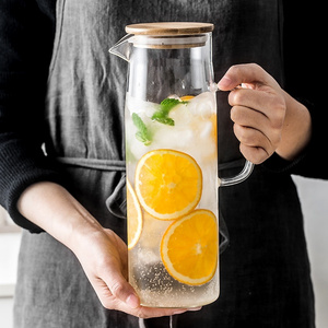 High Quality Clear Straight  Water Jug Cold Brew Tea Fruit Pot Glass Teapot Cold  Kettle with Bamboo Lid