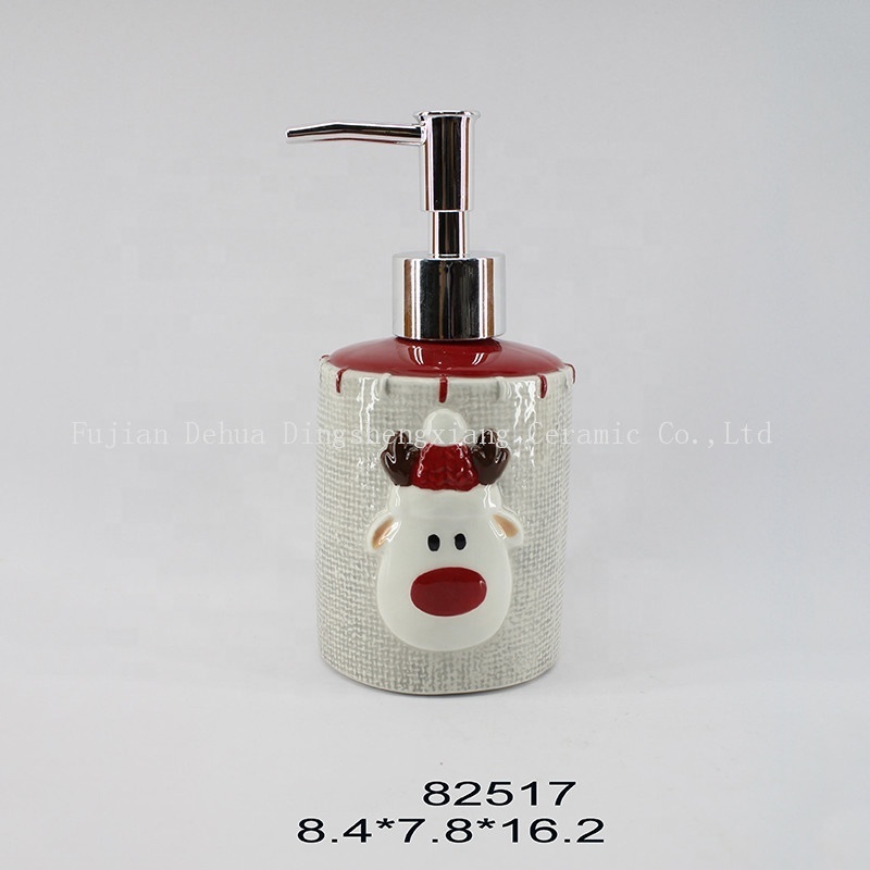 Wholesale 4 piece christmas reindeer gift kids ceramic dolomite bathroom set bottle lotion soap dispenser set