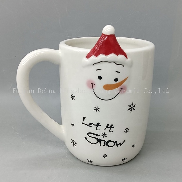 Exquisite custom logo embossed surface snowman white cheap bulk ceramic christmas mugs for gift