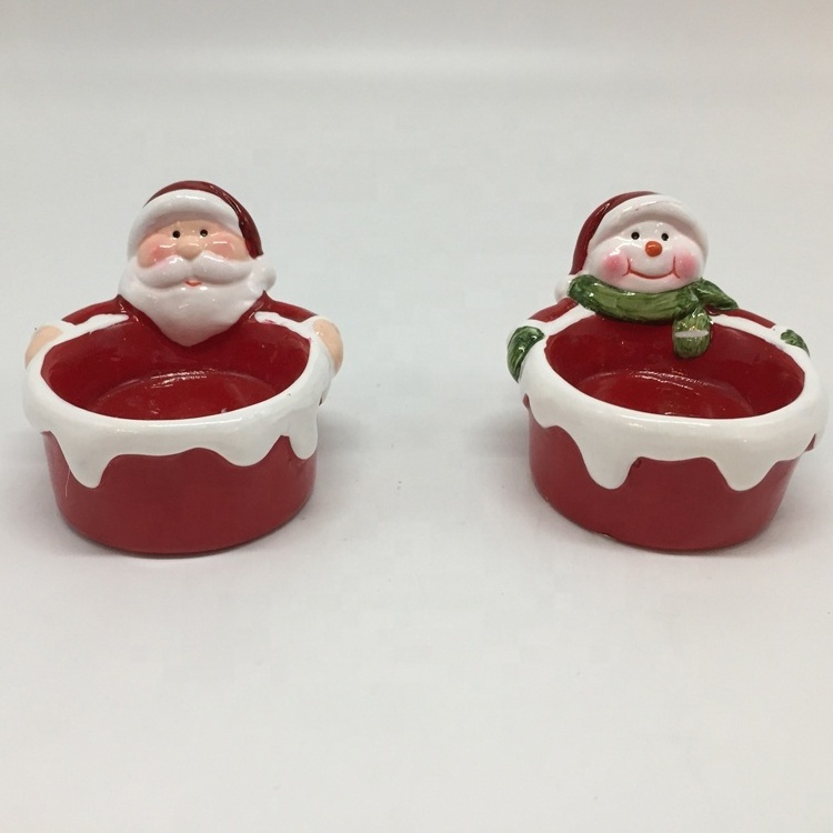 Factory hot selling Ceramic santa claus snowman deer sitting figure with candle holder for christmas decoration