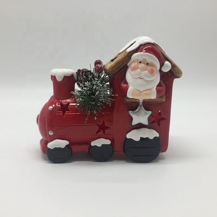 Factory handpainted ceramic Dolomite christmas decor santa snowman driving car for tabletop decor