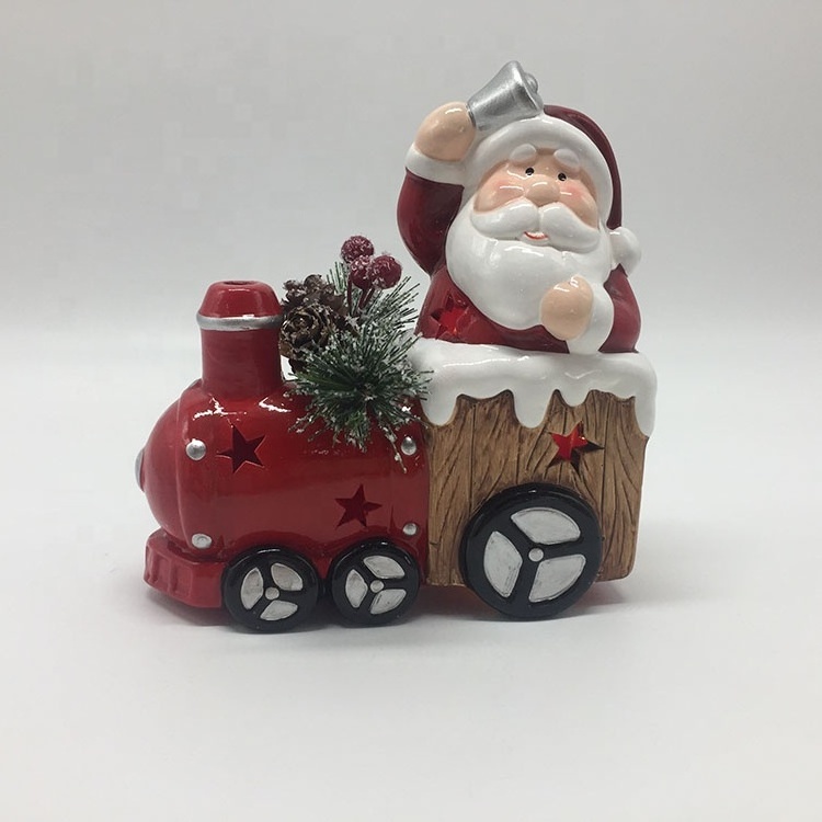 Factory handpainted ceramic Dolomite christmas decor santa snowman driving car for tabletop decor