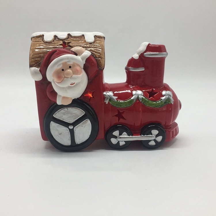 Factory handpainted ceramic Dolomite christmas decor santa snowman driving car for tabletop decor