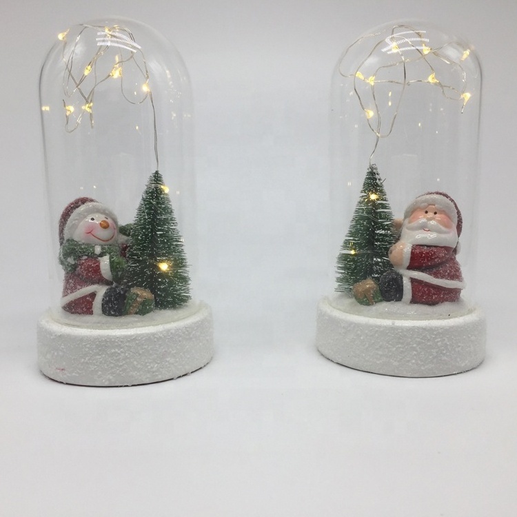 Exquisite christmas santa snowman tree with LED light in clear glass dome cover with porcelain base