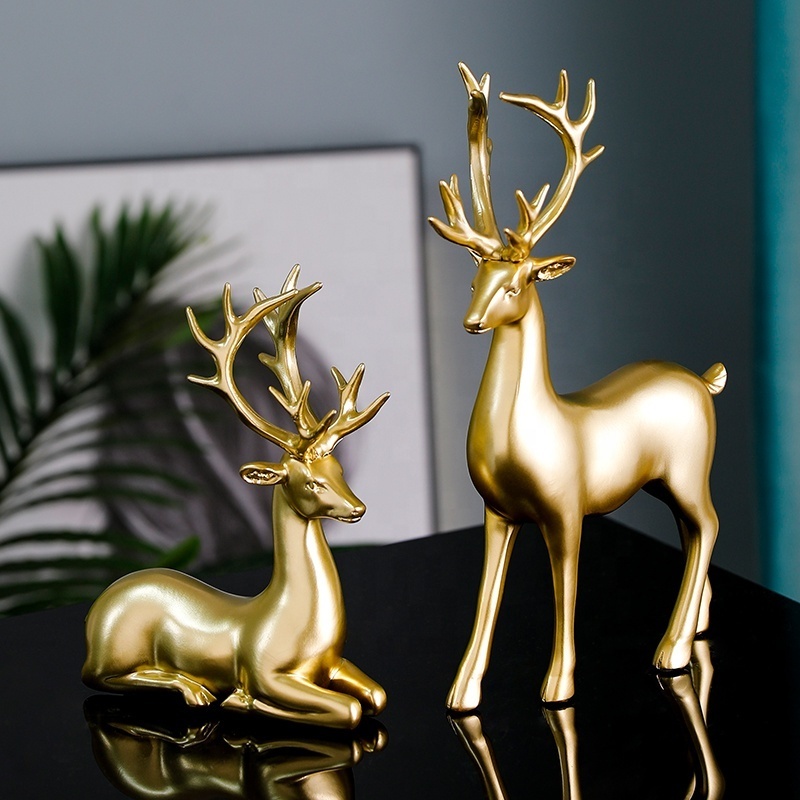 Poyresin Christmas Sitting Standing Gold Lucky Couple Deer Home Decoration Polyresin Reindeer Statue