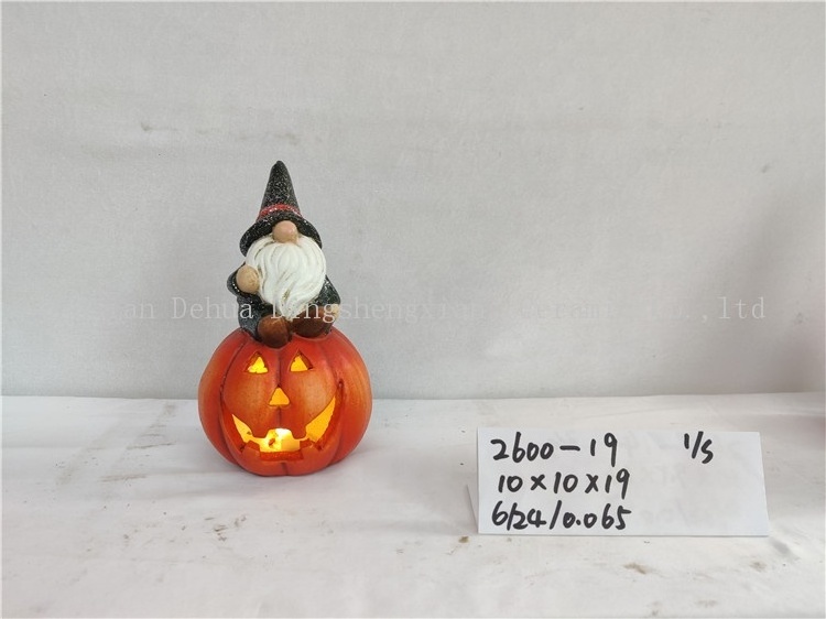 Custom Ceramic Halloween Gnome Sitting on Pumpkin Home Decor Sculpture Outdoor Decoration