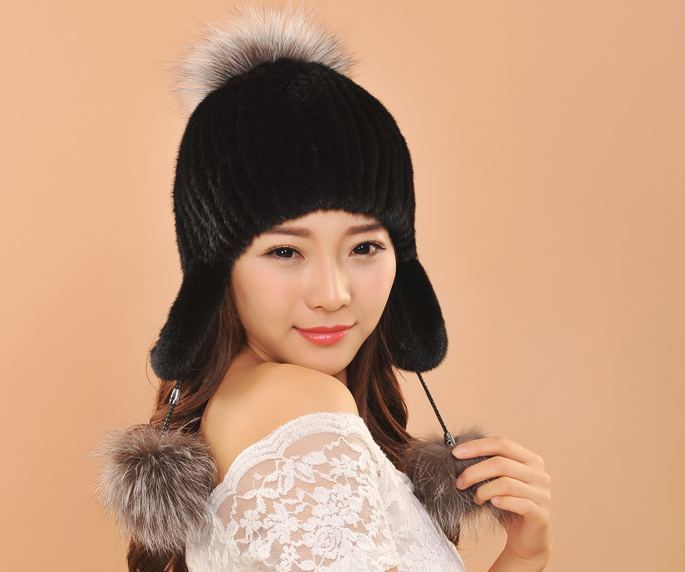 Custom Fashion Winter Women Fur Hats Hand Sewn Warm Female Ski Earflap Beanie hat  knitted Real mink fur hat with fox fu