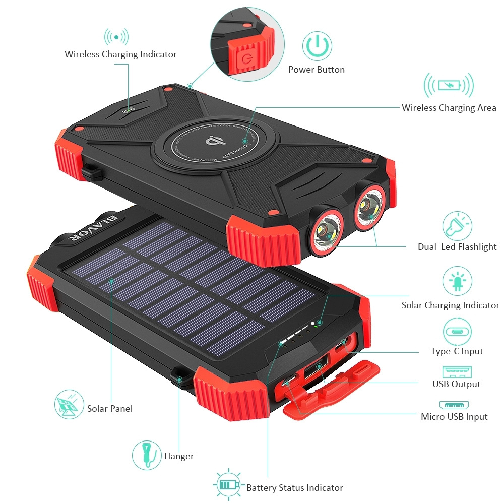 power bank solar 100000 mah outdoor solar Qi wireless charge flashlight 10000mAh portable charge power bank