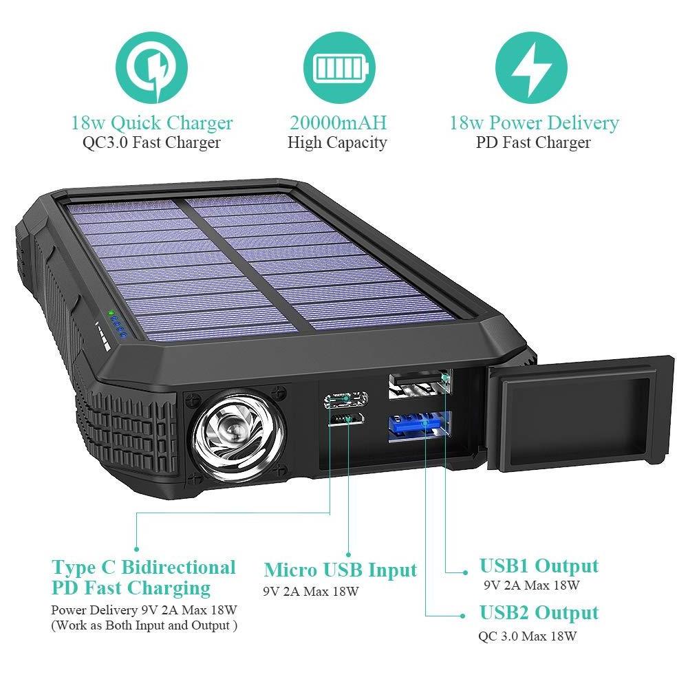 New OEM Solar Charger PD18W QC 3.0 Portable Fast charge Wireless Charger Waterproof Flashlight Compass 20000mAh Power Bank