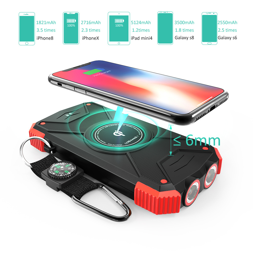 power bank solar 100000 mah outdoor solar Qi wireless charge flashlight 10000mAh portable charge power bank