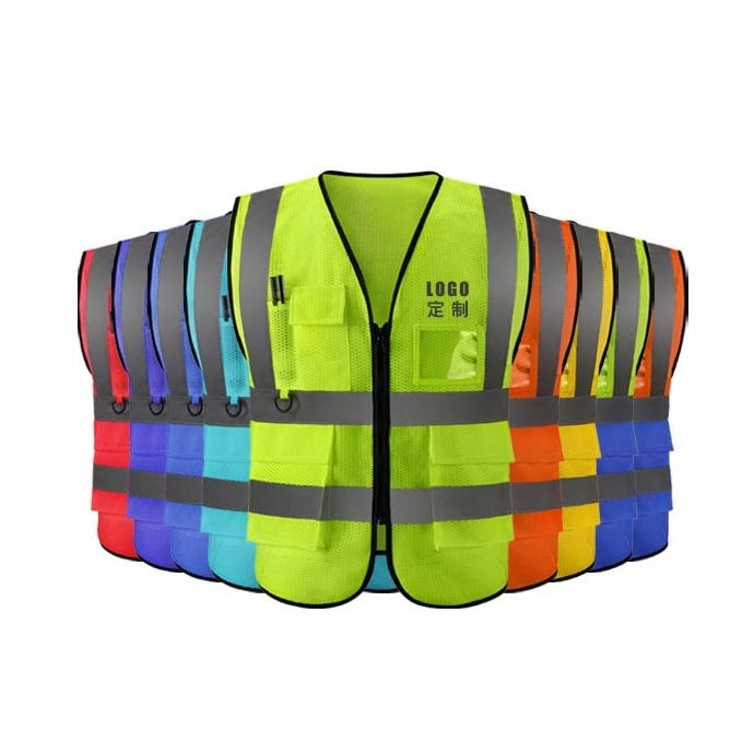 Wholesale Customized Logo Printed Orange or Yellow Reflective High visibility Safety Work Vest with Zipper