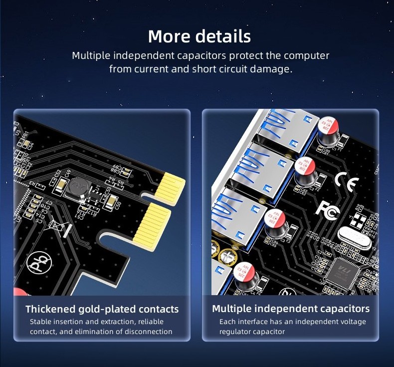 DTECH Pcie 1X4X8X16X to Desktop Computer USB3.0 4 Ports 5Gbps Speed Hub Adapter Expansion Card