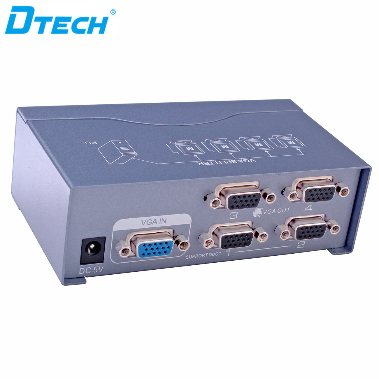 DTECH high quality 1920*1080@60Hz vga splitter switch 1 input 4 output 250MHz-3dB VGA video audio splitter