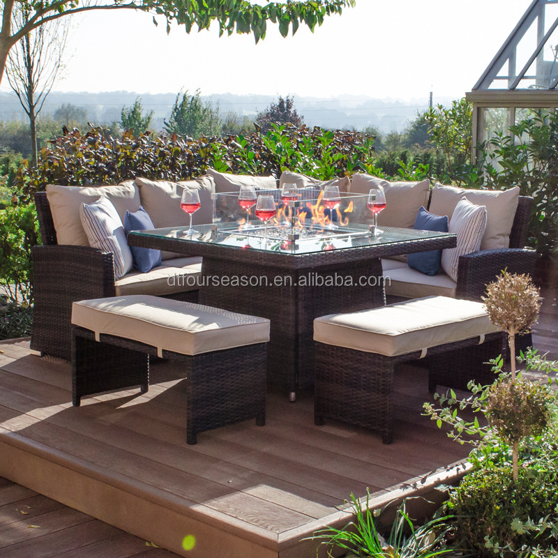 Dining Rattan Corner Sofa with Gas Firepit Table - Brown