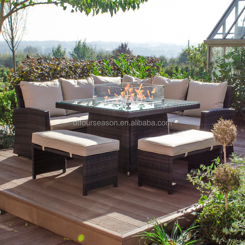 Dining Rattan Corner Sofa with Gas Firepit Table - Brown